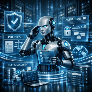 Futuristic AI robot in a data center surrounded by holograms of policies, audit trail, and data security controls